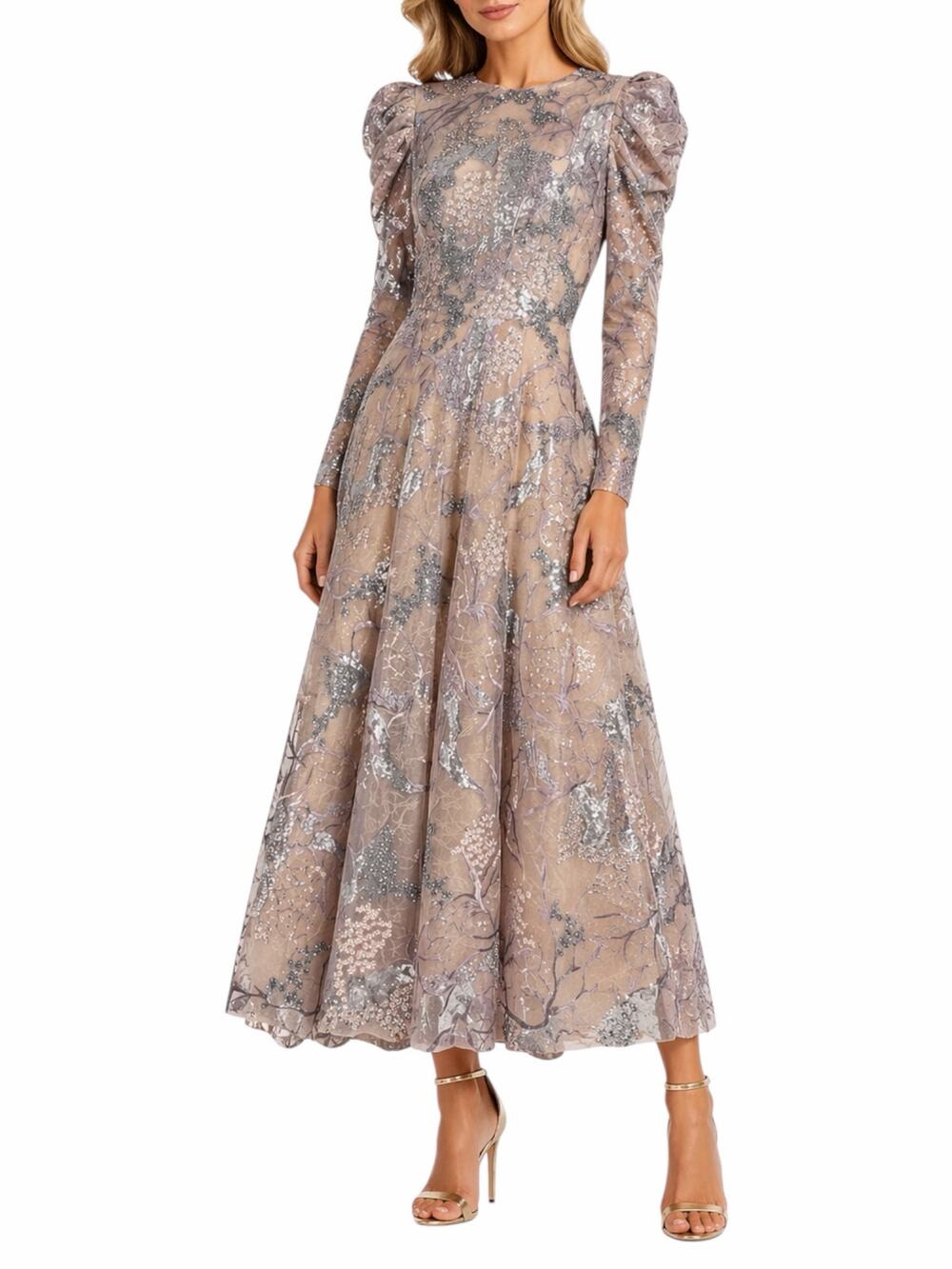 Mac Duggal Embellished High Neck Puff Sleeve A-Line Dress Taupe Size 6